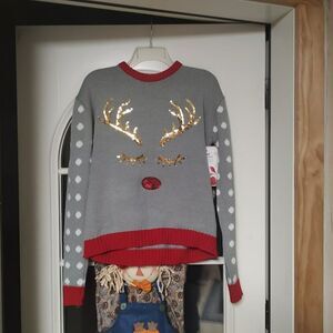 New Great Christmas Sweater Gray Red Gold Sequin Rudolph Sweater Size Women's XL